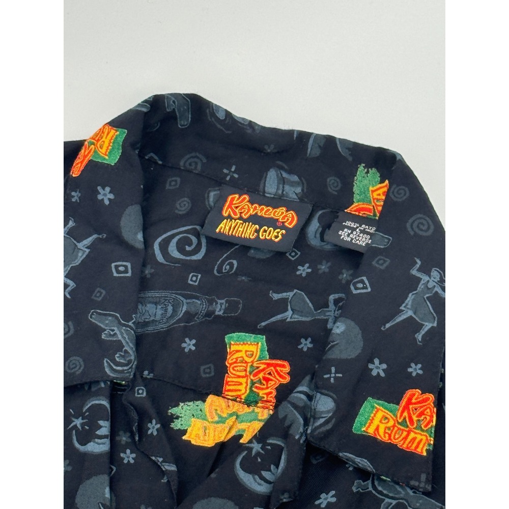 Vintage Kahlua Anything Goes Mens‎ Large Rayon Rum-Cola Print Shirt Black